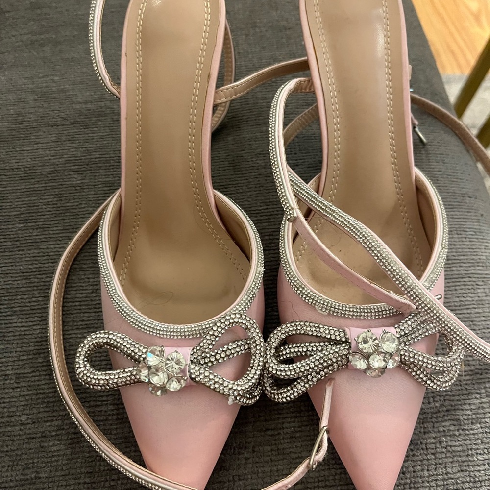 Pink Satin bejeweled 3 inch Stillettos
